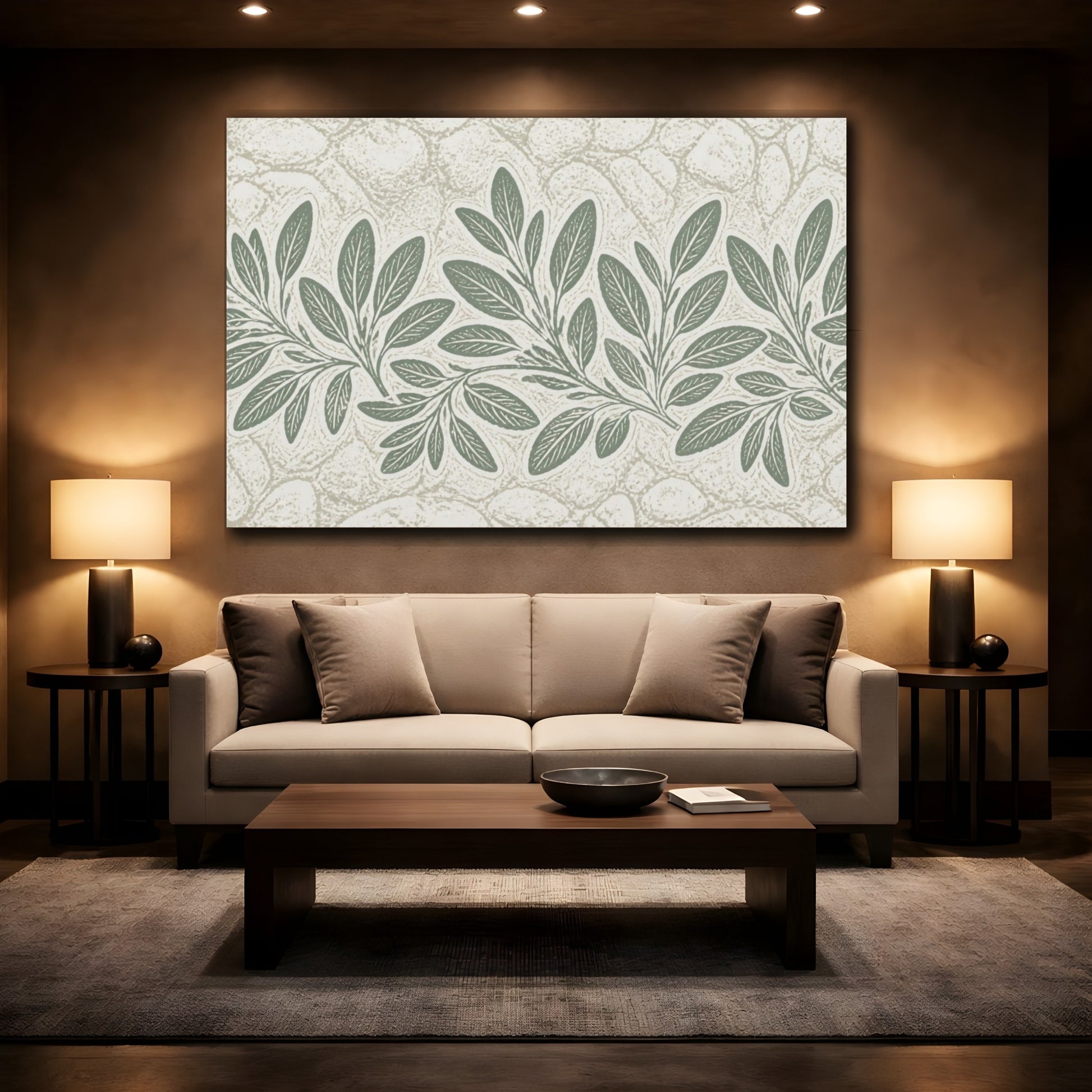 Mockup 2. Botanical Sage Leaves shown as canvas print