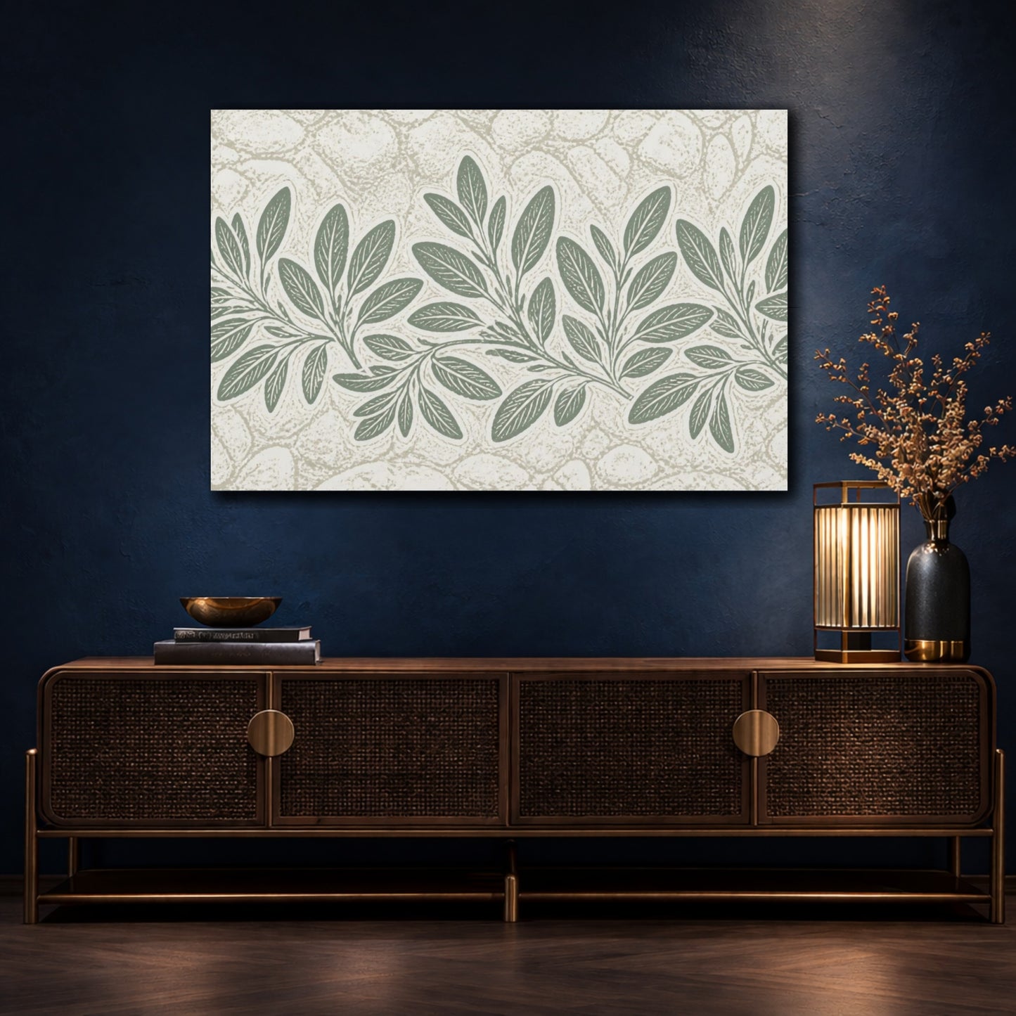 Mockup 4. Botanical Sage Leaves shown as canvas print