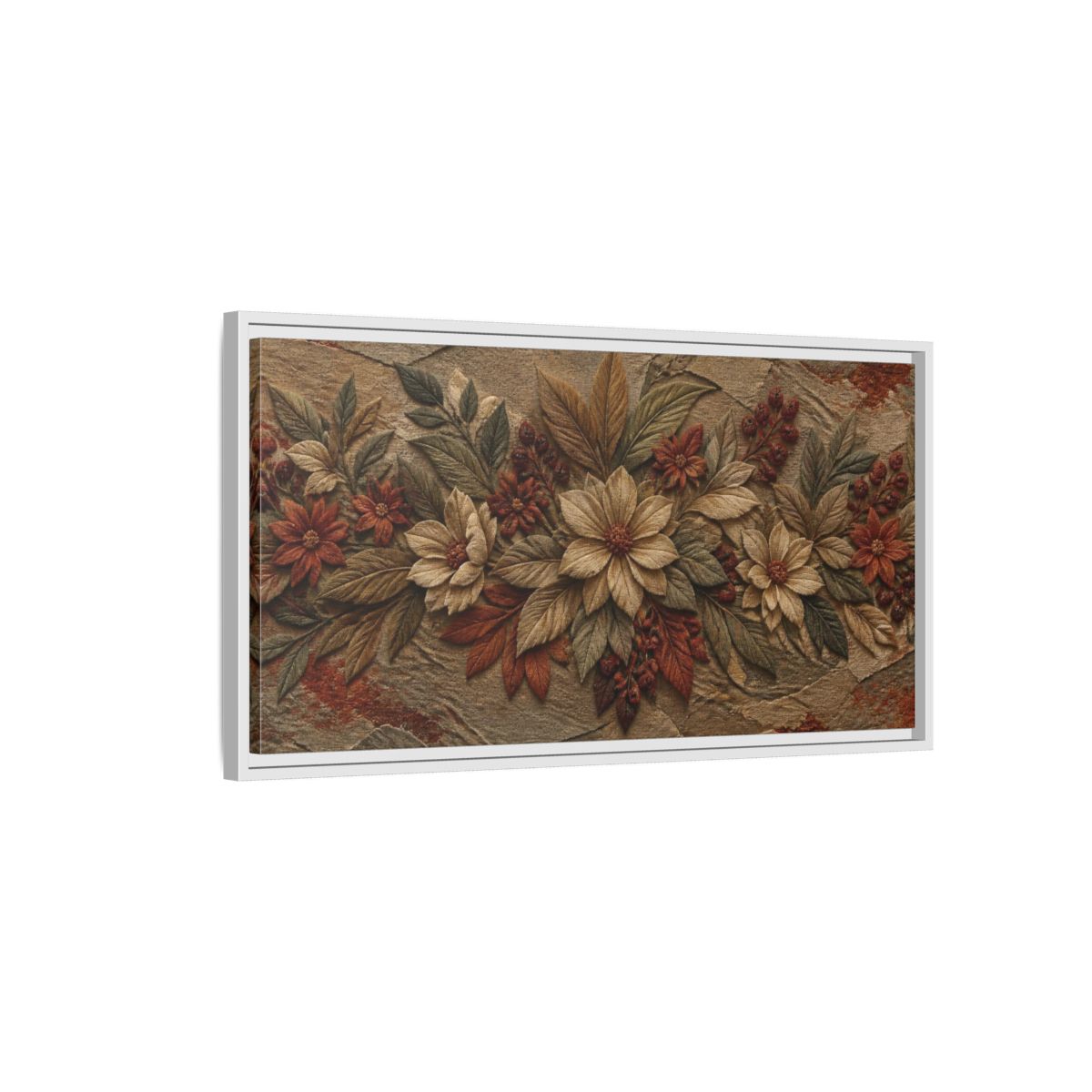 Side Mockup 1. Botanical Stone Flowers shown as framed canvas print
