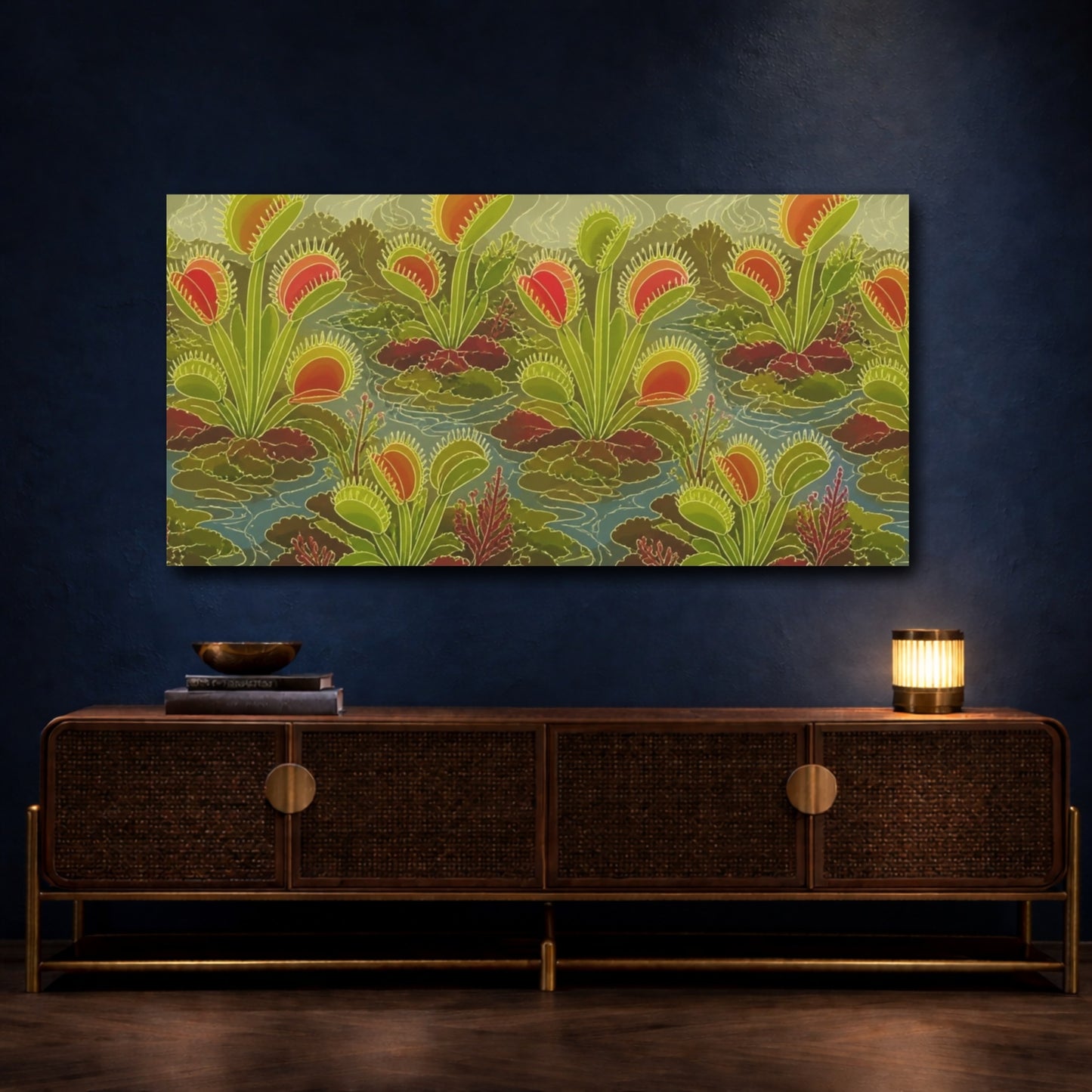 Mockup 4. Botanical Venus Flytrap Garden shown as canvas print