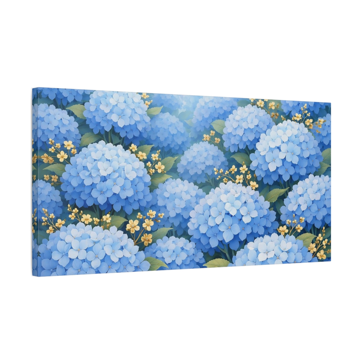 Side Mockup 2. Floral Blue Hydrangeas Blue And Yellow Floral shown as stretched canvas wall art