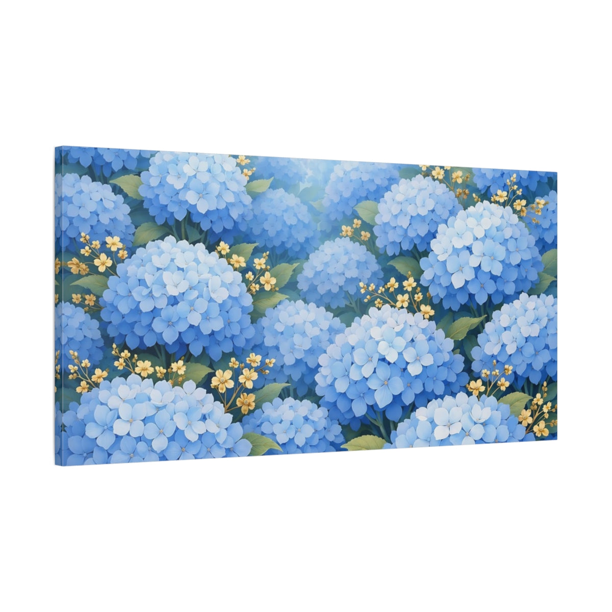 Side Mockup 1. Floral Blue Hydrangeas Blue And Yellow Floral shown as stretched canvas wall art