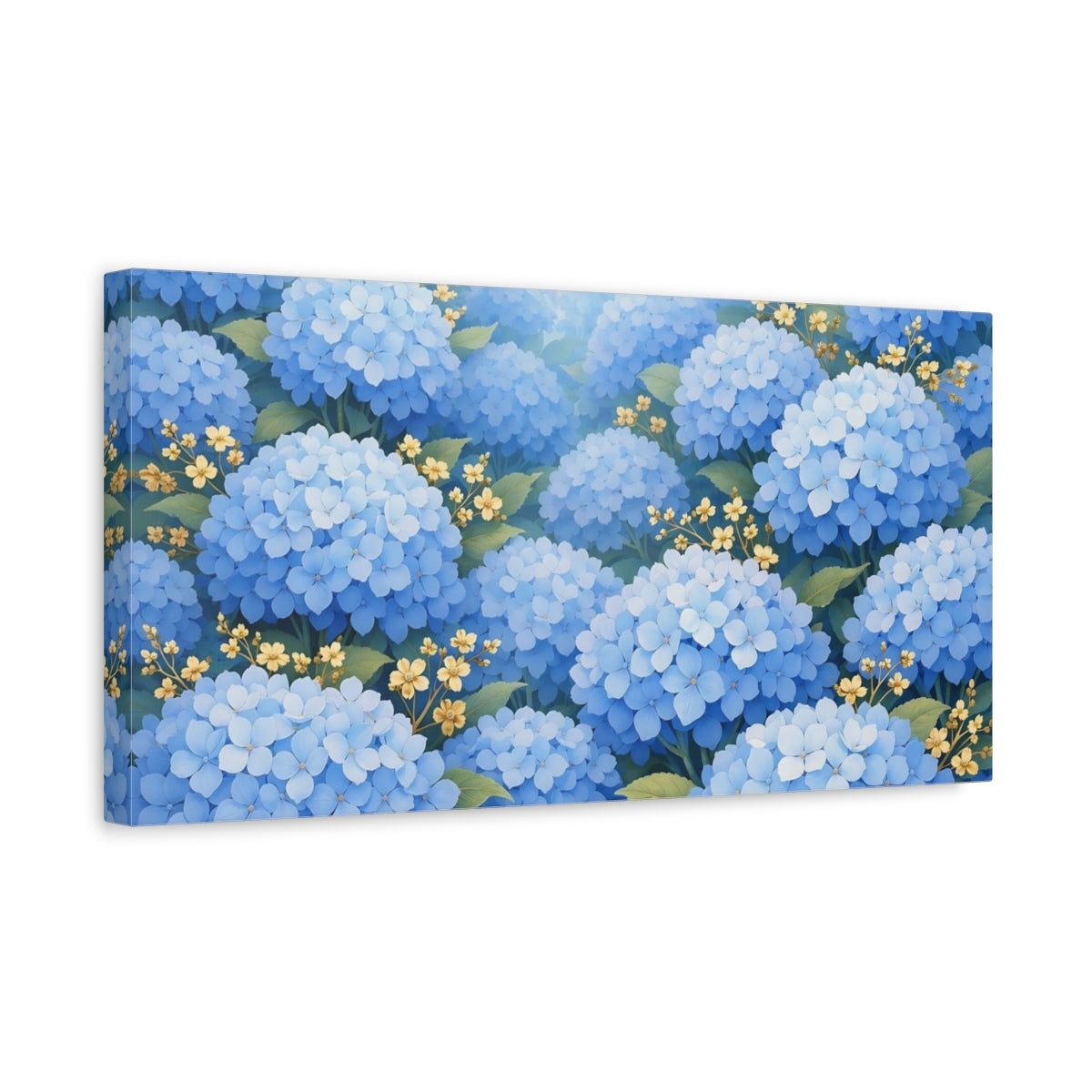 Side Mockup 3. Floral Blue Hydrangeas Blue And Yellow Floral shown as stretched canvas wall art
