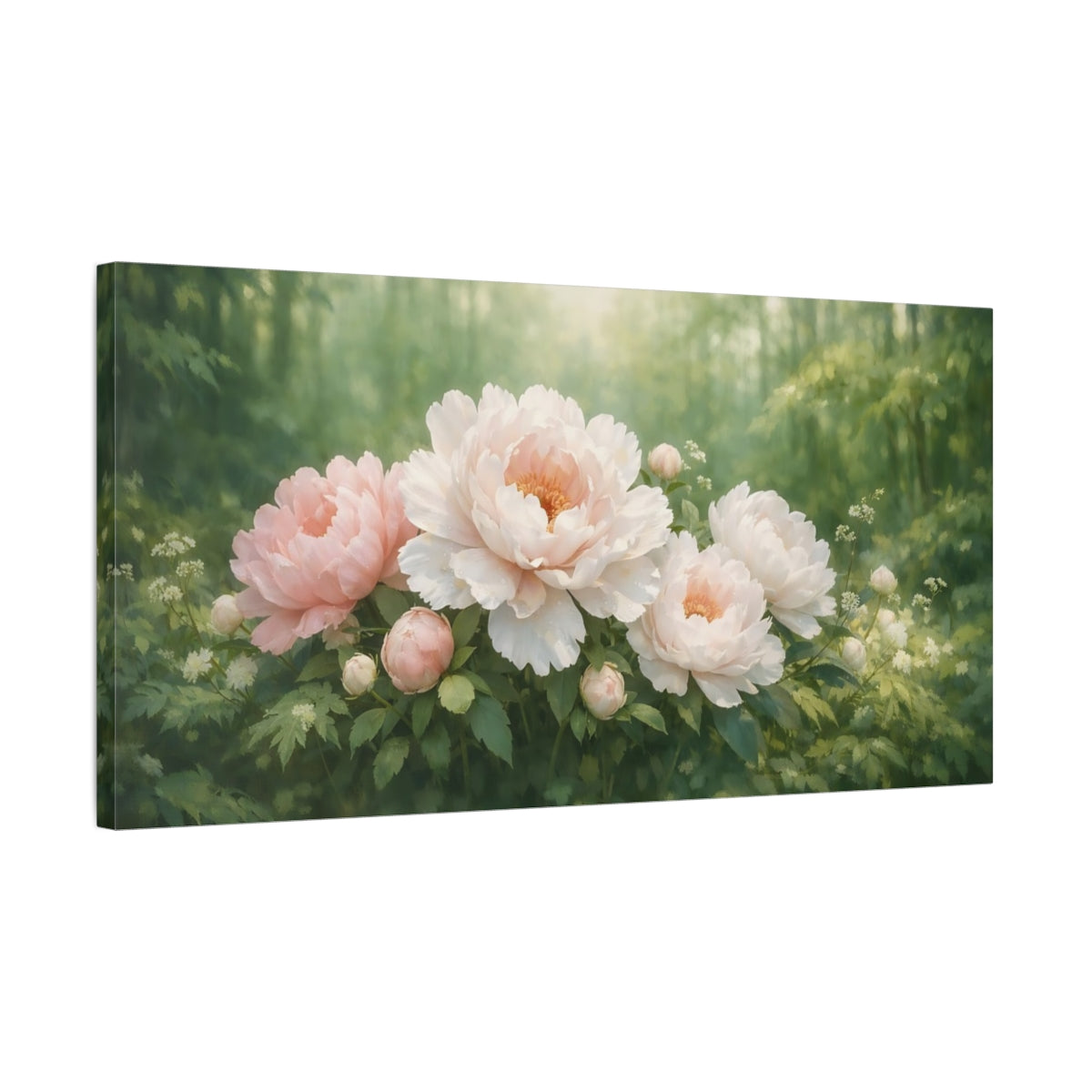 Side Mockup 2. Floral Peony Flowers Pink Peony Garden shown as stretched canvas wall art