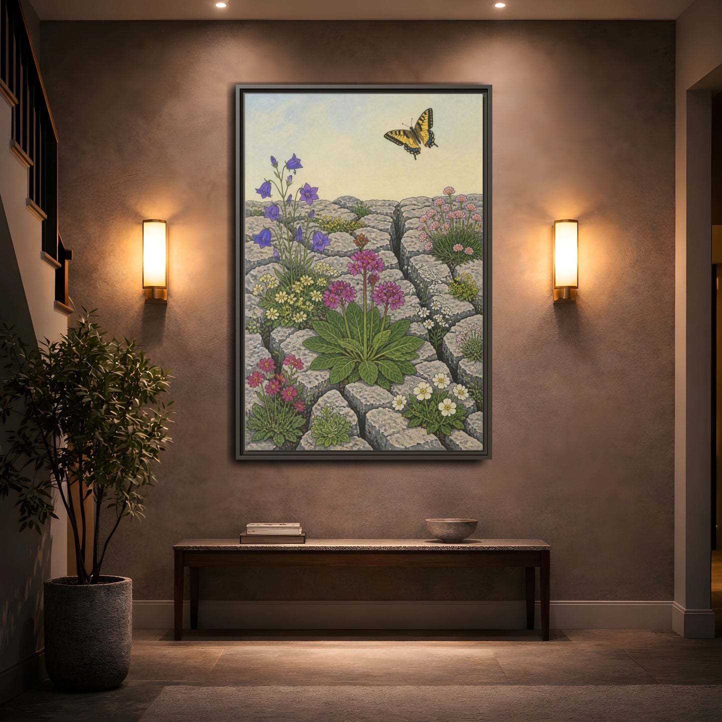 Mockup 2. Botanical Wildflowers In Pavement shown as framed canvas print