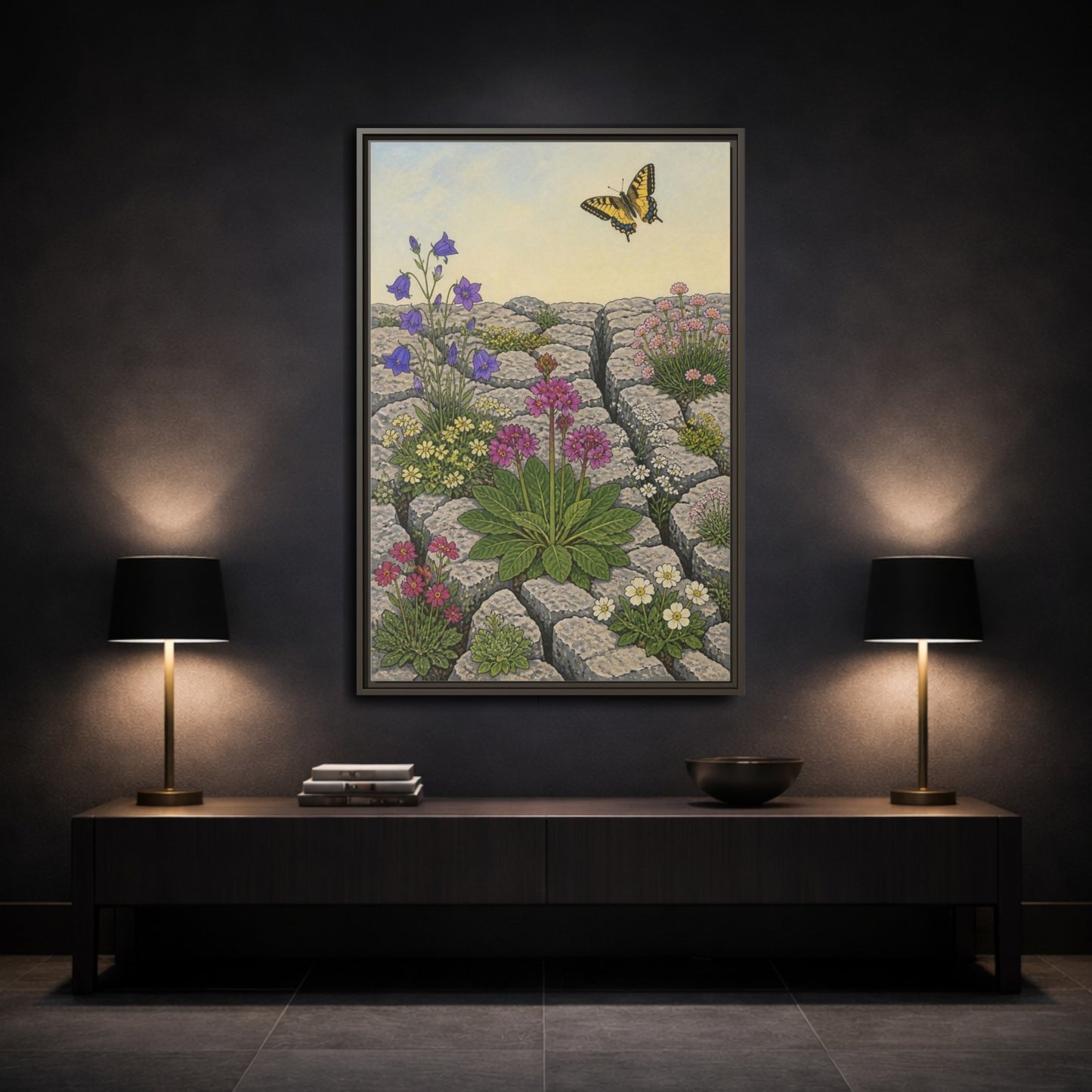 Mockup 3. Botanical Wildflowers In Pavement shown as framed canvas print