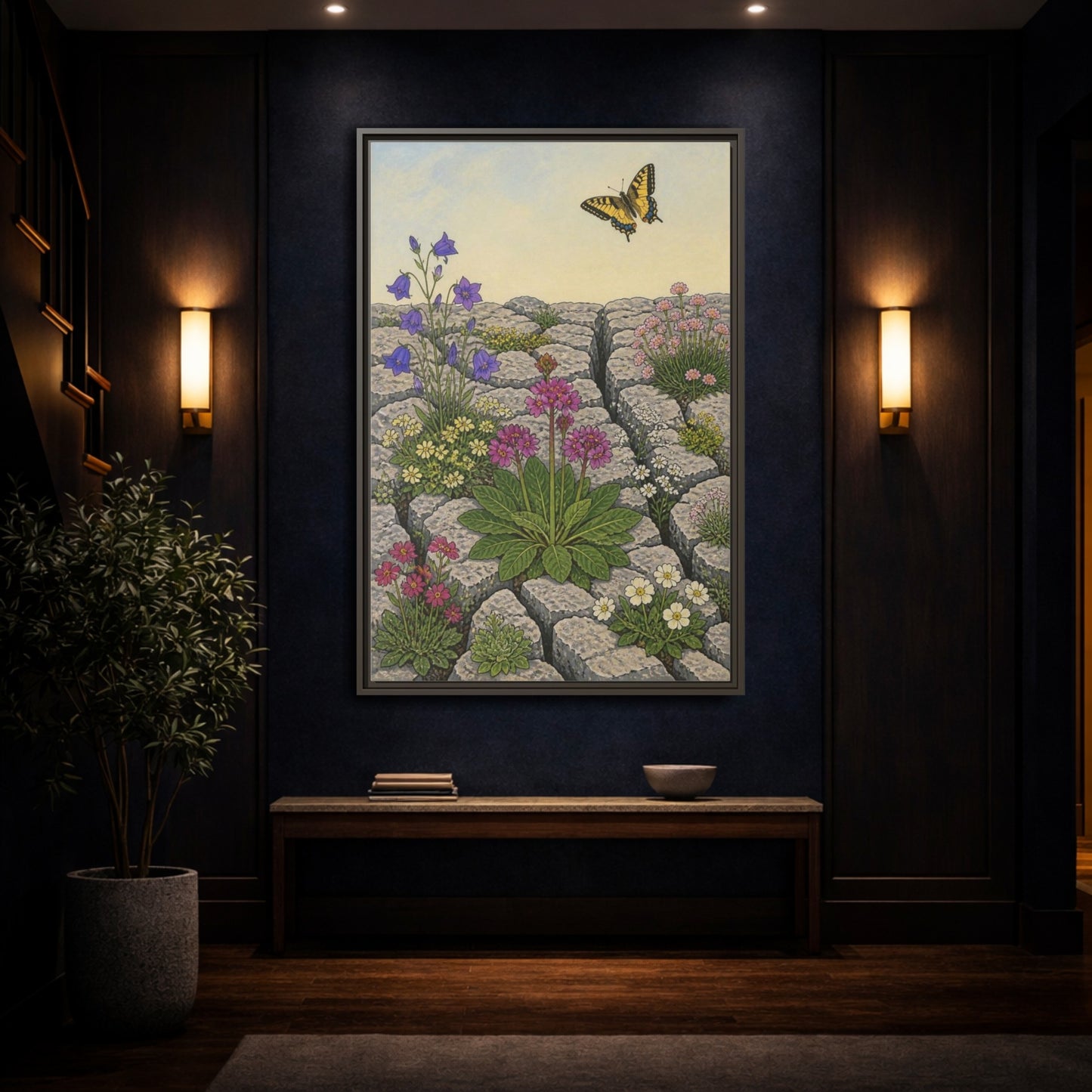 Mockup 4. Botanical Wildflowers In Pavement shown as framed canvas print