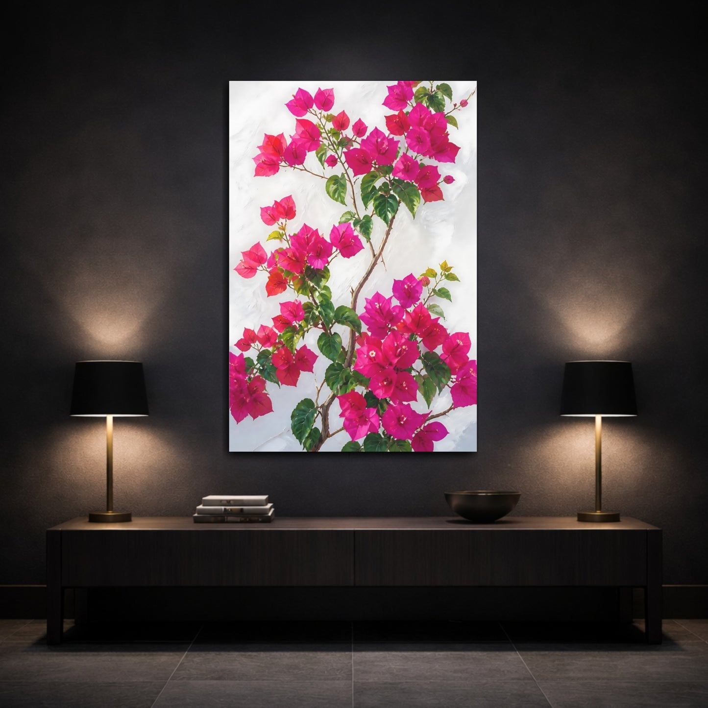 Mockup 3. Bougainvillea Flowers On White Wall shown as canvas print