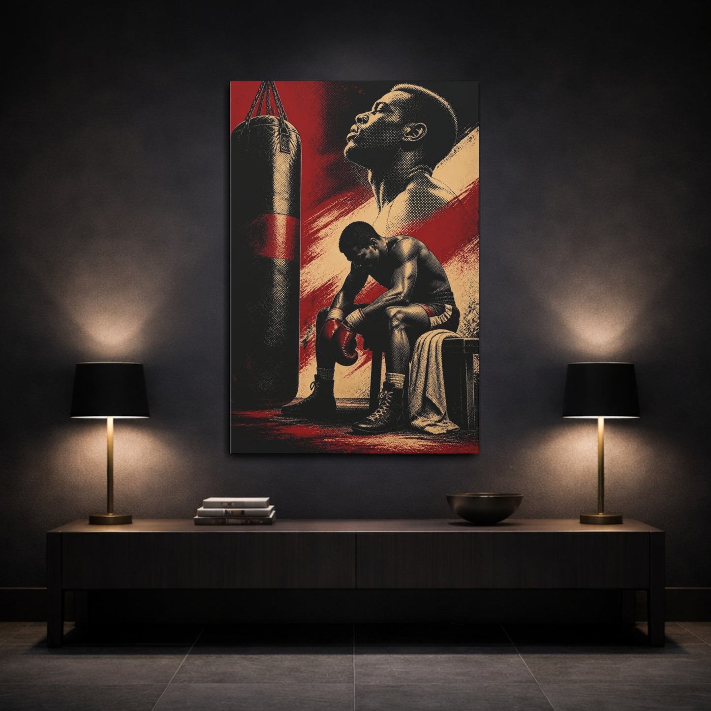 Mockup 3. Boxer Motivation Moment shown as canvas print
