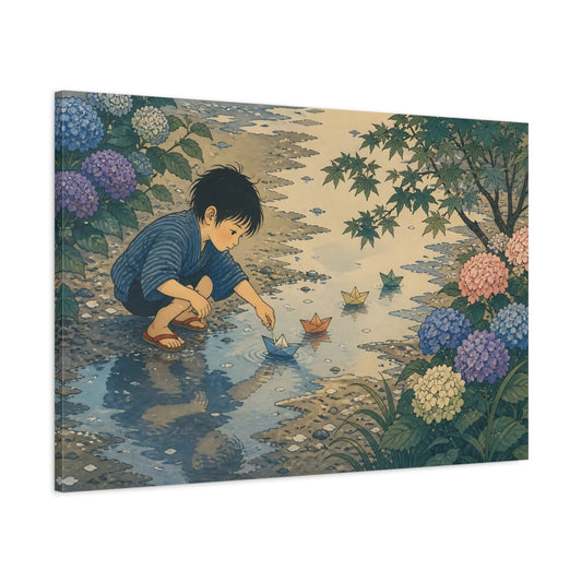 Main Mockup. Boy With Paper Boats shown as canvas print