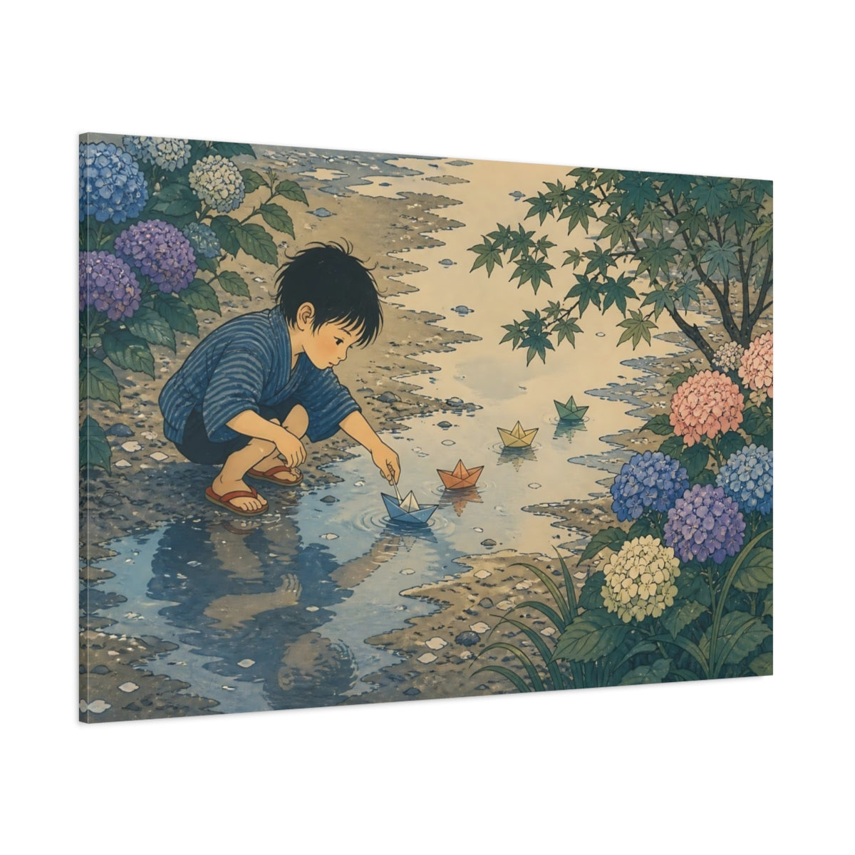 Side Mockup 1. Boy With Paper Boats shown as canvas print