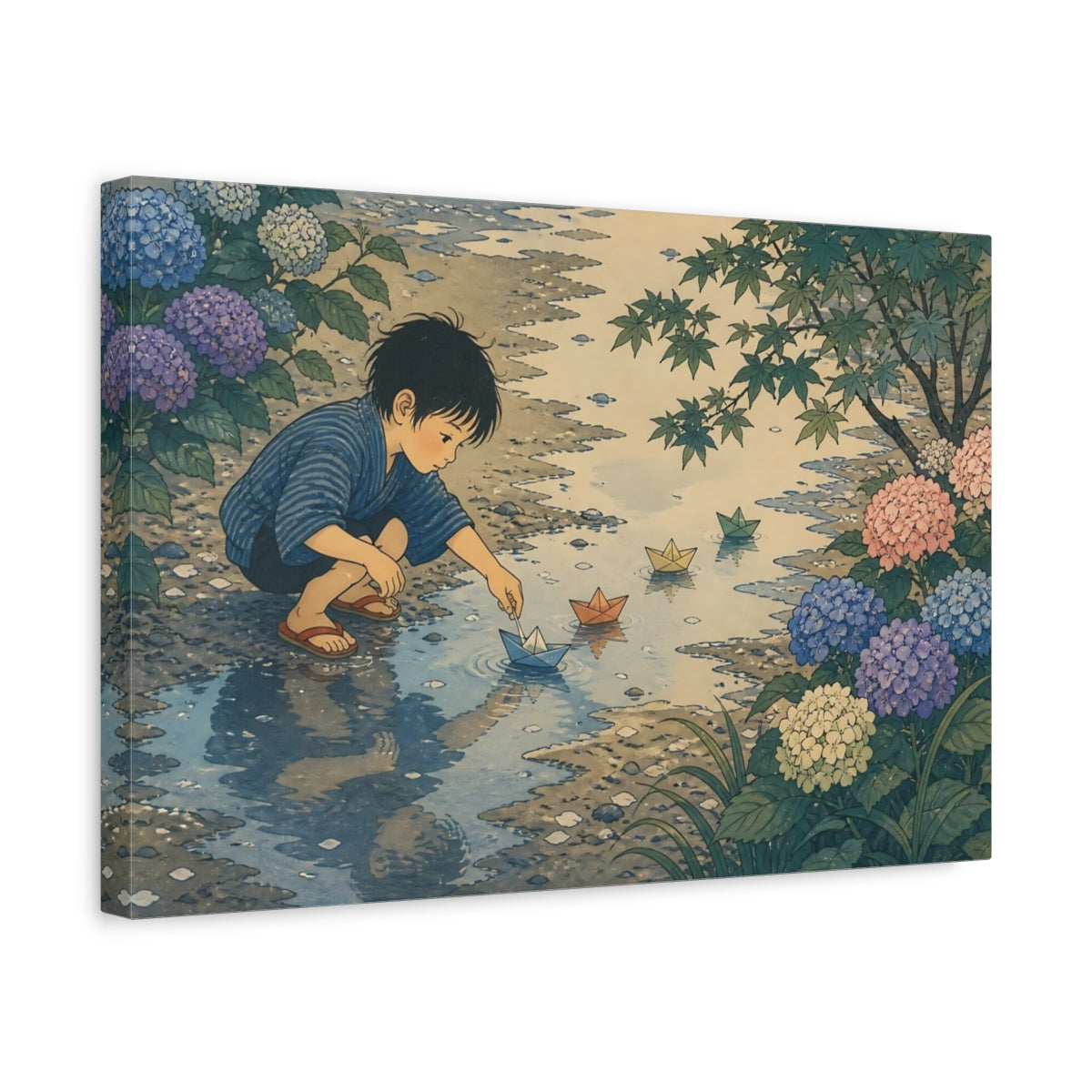 Side Mockup 4. Boy With Paper Boats shown as canvas print