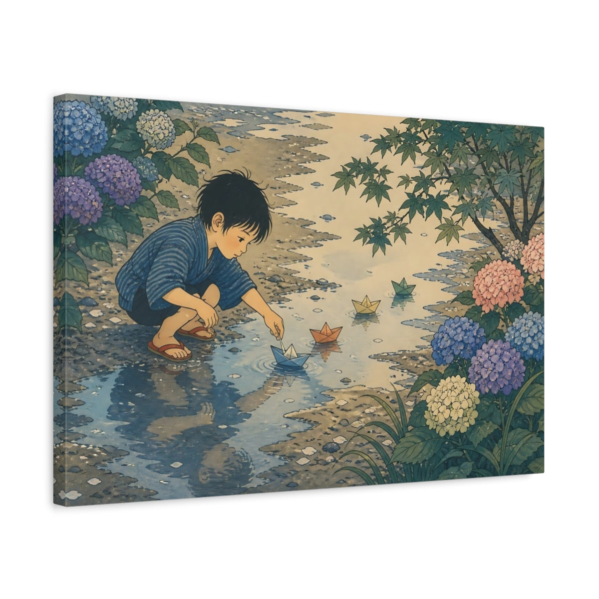 Side Mockup 3. Boy With Paper Boats shown as canvas print