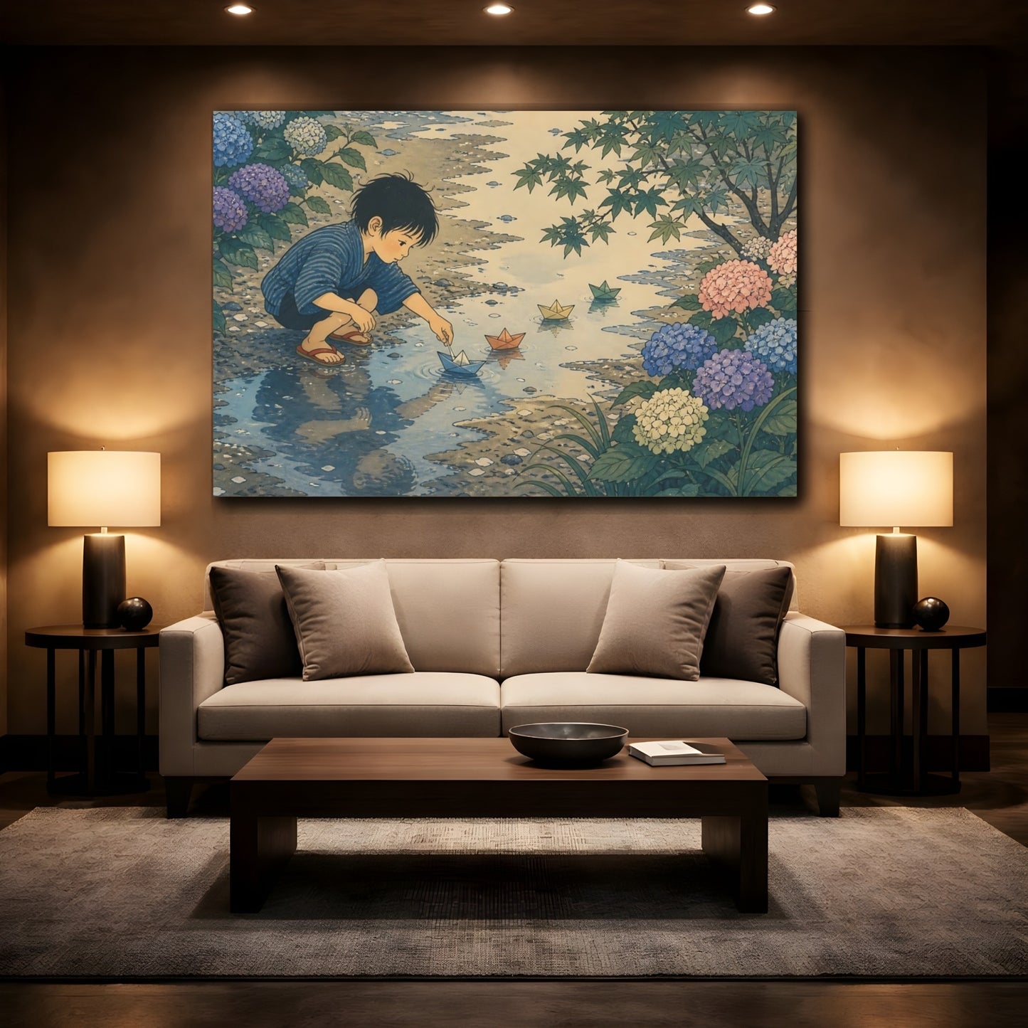 Mockup 2. Boy With Paper Boats shown as canvas print