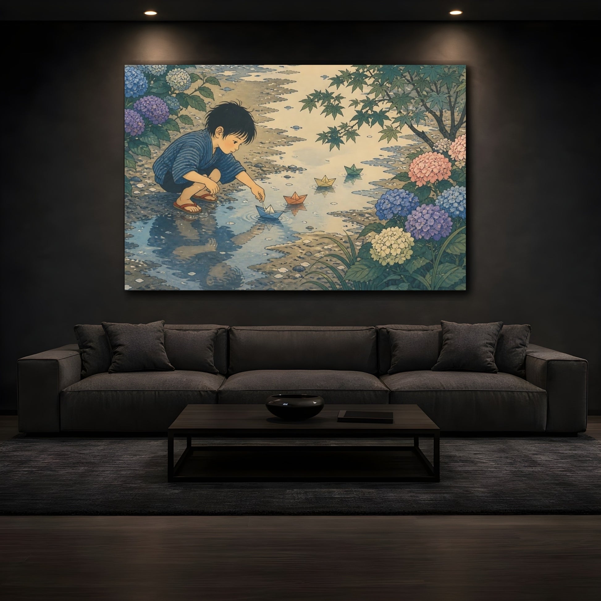 Mockup 3. Boy With Paper Boats shown as canvas print