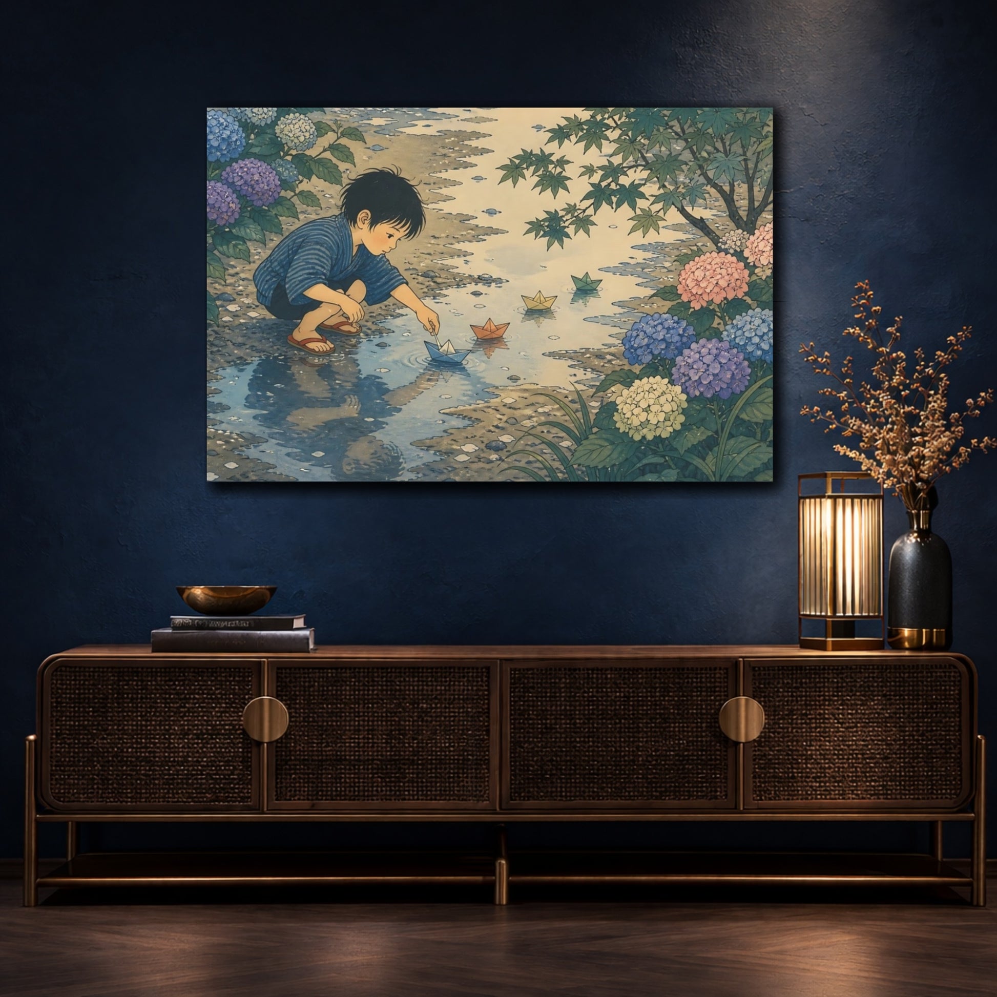 Mockup 4. Boy With Paper Boats shown as canvas print
