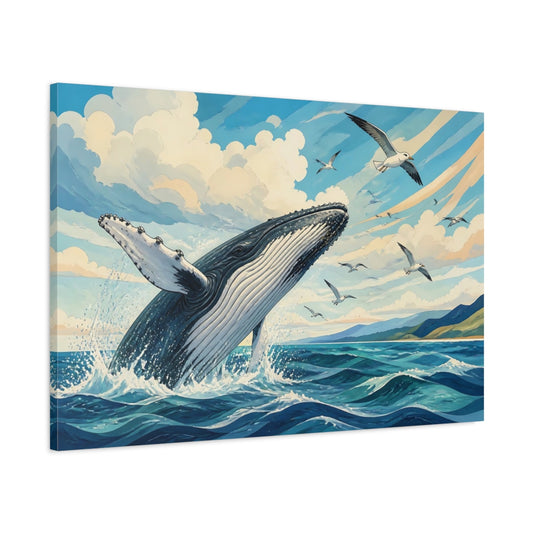 Main Mockup. Breaching Humpback With Seagulls shown as canvas print