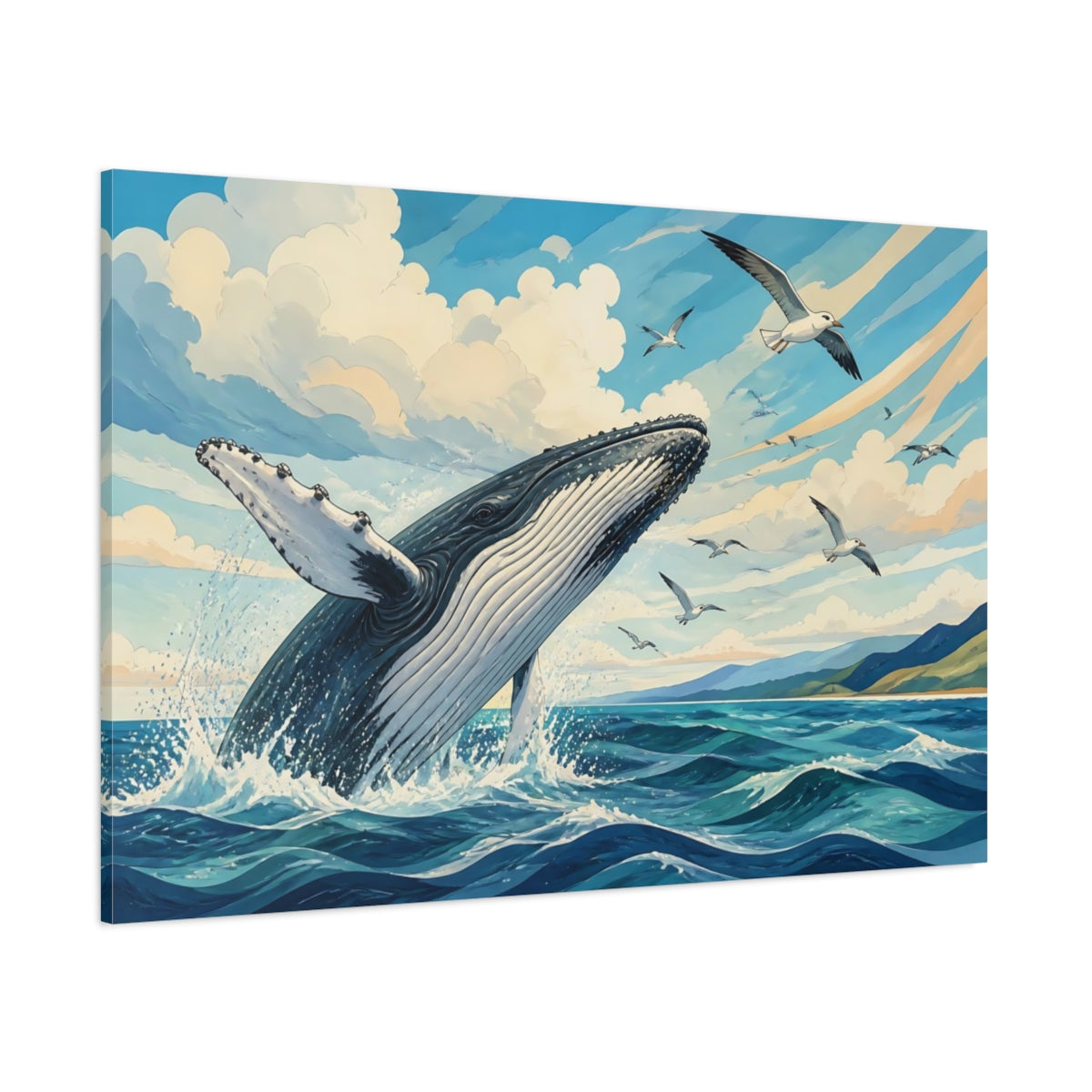 Side Mockup 1. Breaching Humpback With Seagulls shown as canvas print