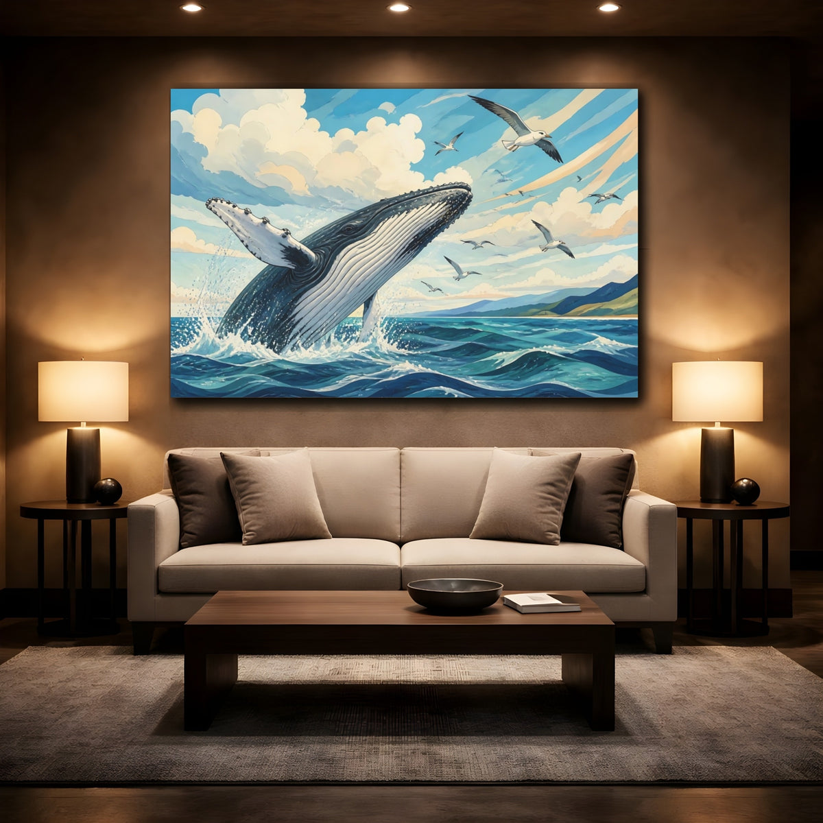Mockup 2. Breaching Humpback With Seagulls shown as canvas print