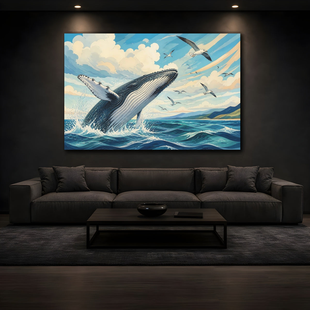 Mockup 3. Breaching Humpback With Seagulls shown as canvas print