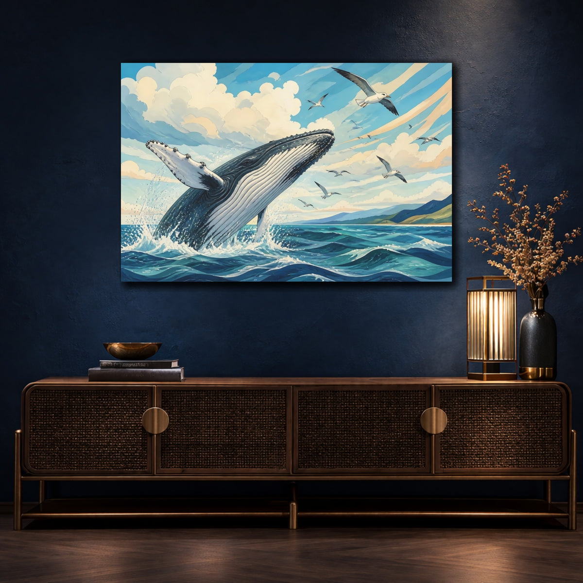 Mockup 4. Breaching Humpback With Seagulls shown as canvas print