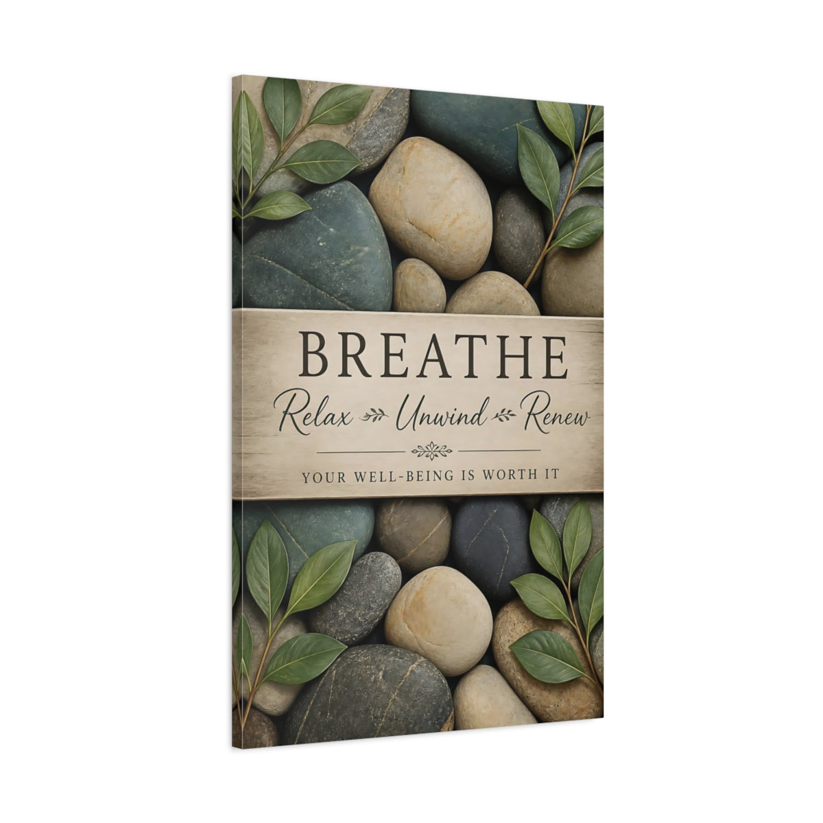 Main Mockup. Breathe Pebbles Quote shown as canvas print