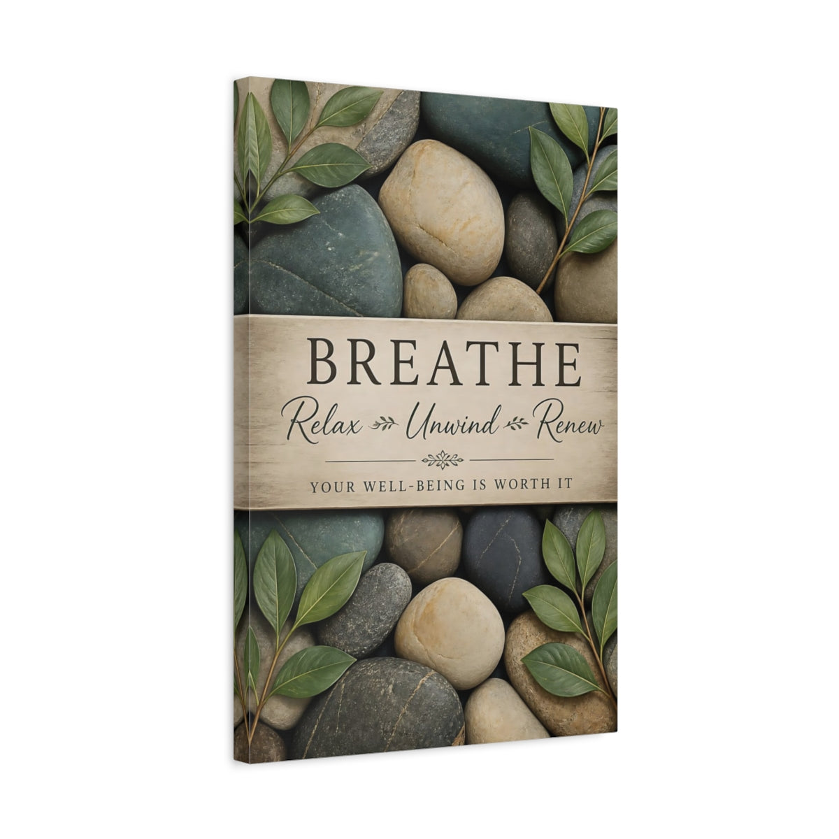 Side Mockup 3. Breathe Pebbles Quote shown as canvas print