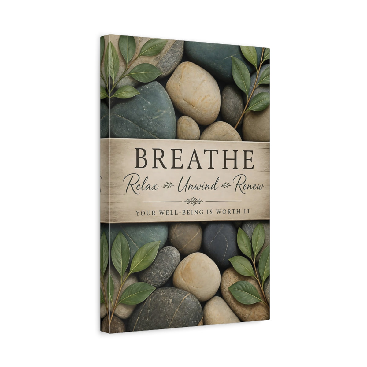 Side Mockup 4. Breathe Pebbles Quote shown as canvas print