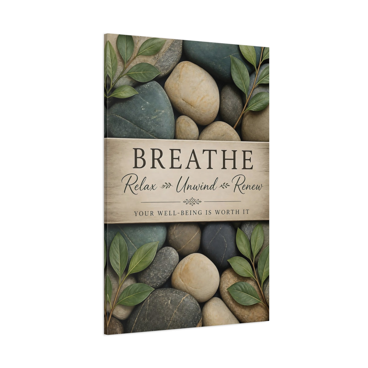Side Mockup 1. Breathe Pebbles Quote shown as canvas print