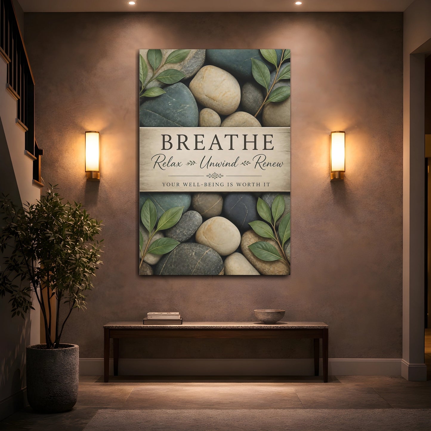 Mockup 2. Breathe Pebbles Quote shown as canvas print