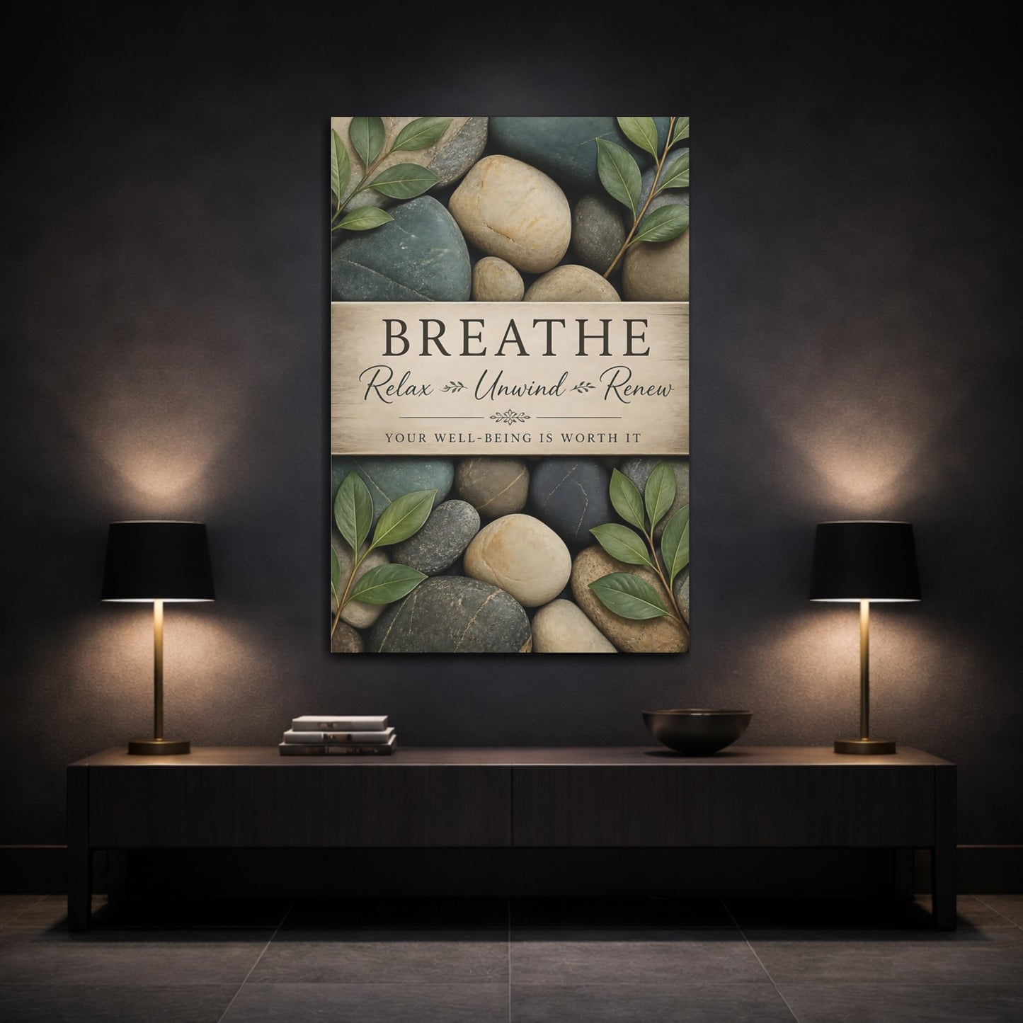 Mockup 3. Breathe Pebbles Quote shown as canvas print