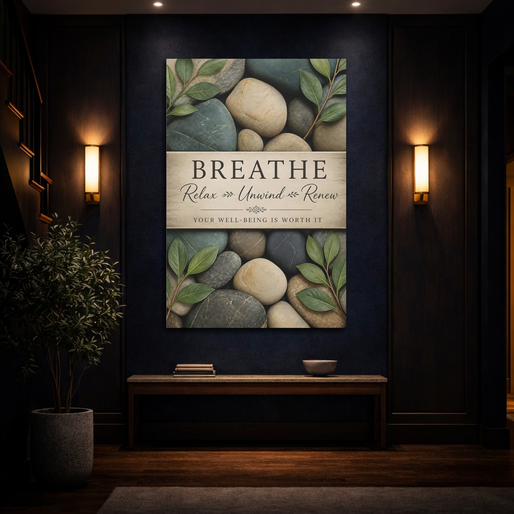 Mockup 4. Breathe Pebbles Quote shown as canvas print