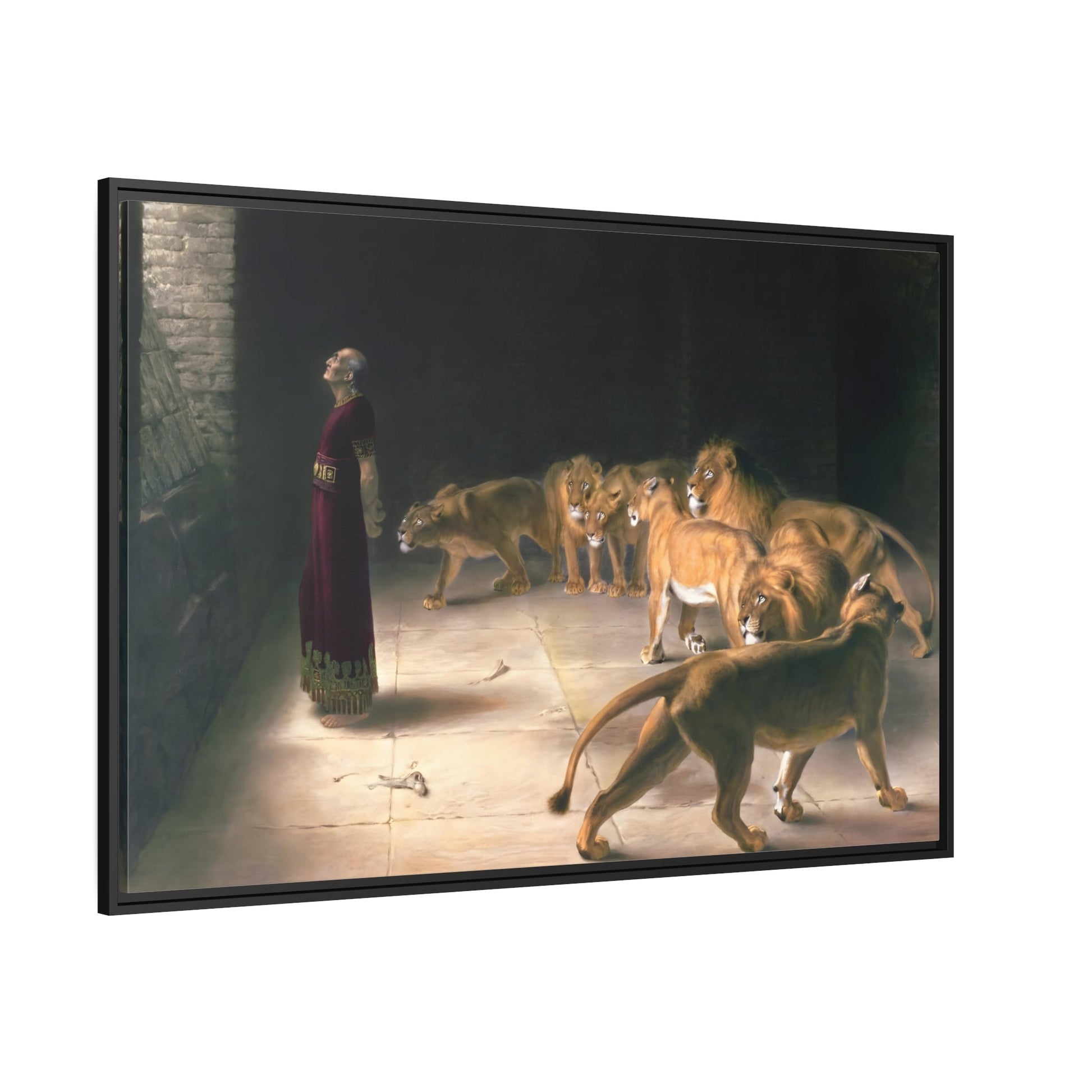 Briton Riviere Daniel Answer to the King - Framed Bible Canvas Wall Art Print in Black Pinewood Frame