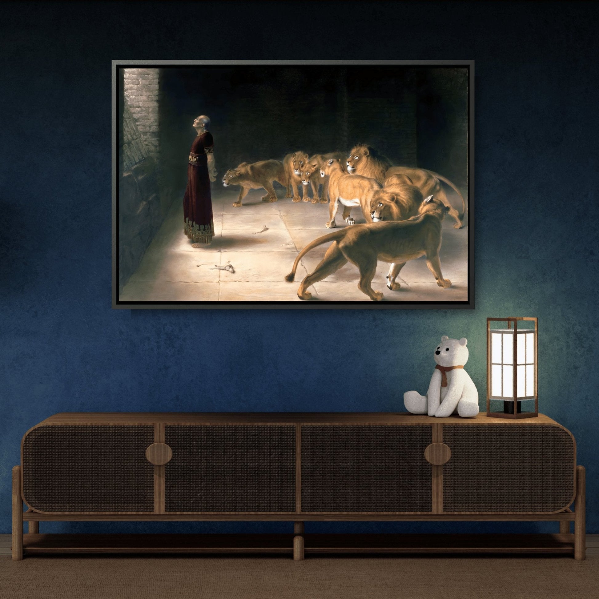 Briton Riviere Daniel Answer to the King - Framed Bible Canvas Wall Art Print in Black Pinewood Frame