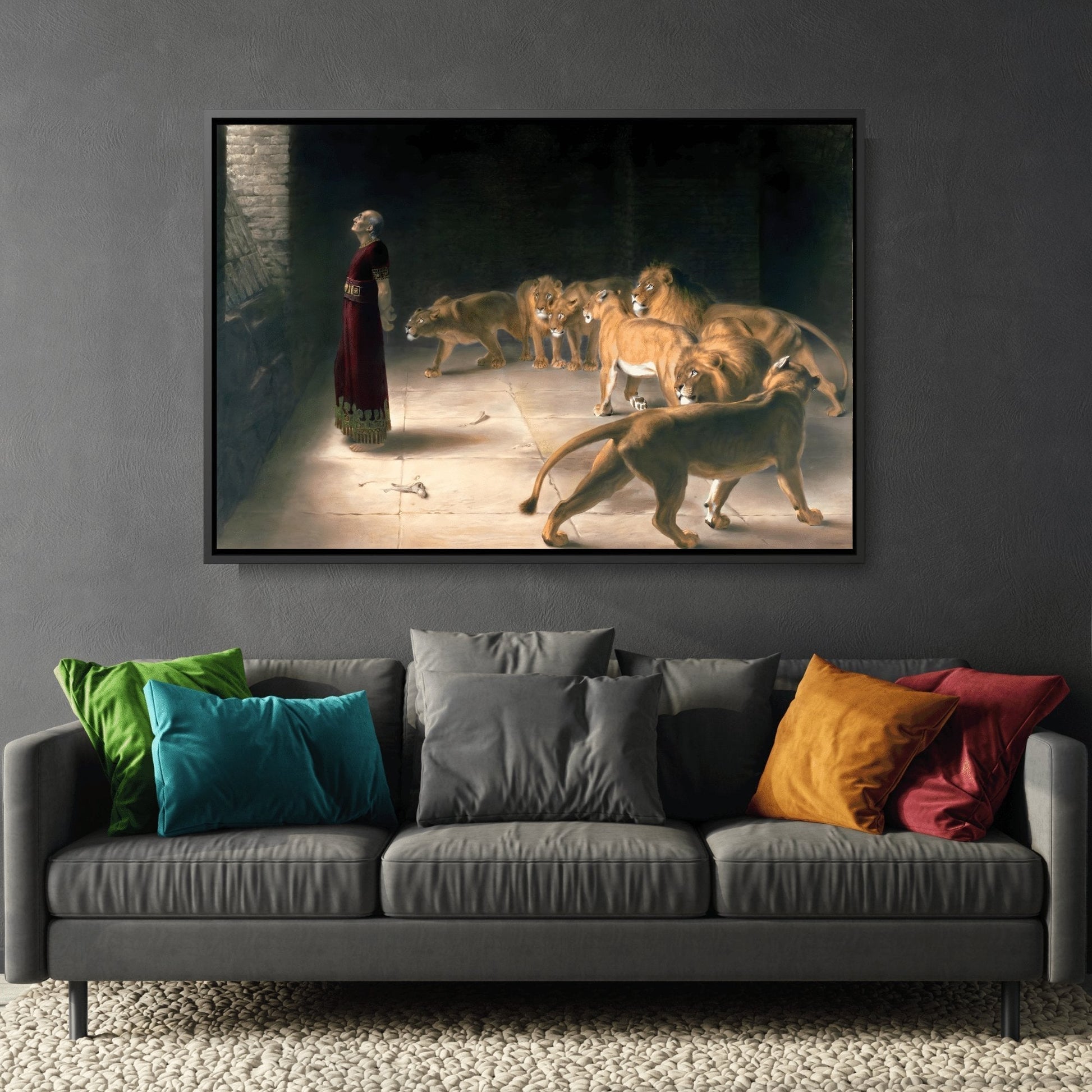 Briton Riviere Daniel Answer to the King - Framed Bible Canvas Wall Art Print in Black Pinewood Frame