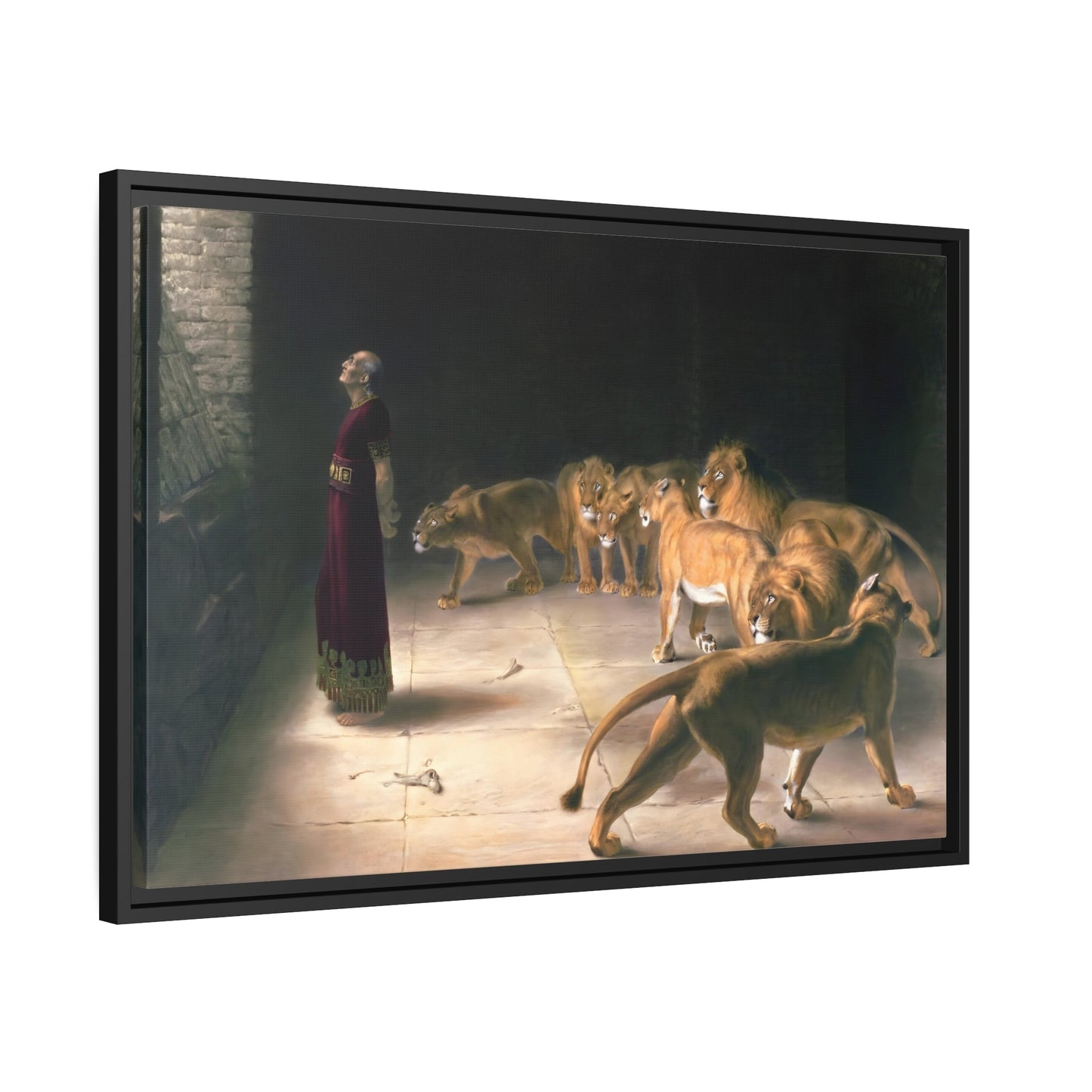 Briton Riviere Daniel Answer to the King - Framed Bible Canvas Wall Art Print in Black Pinewood Frame