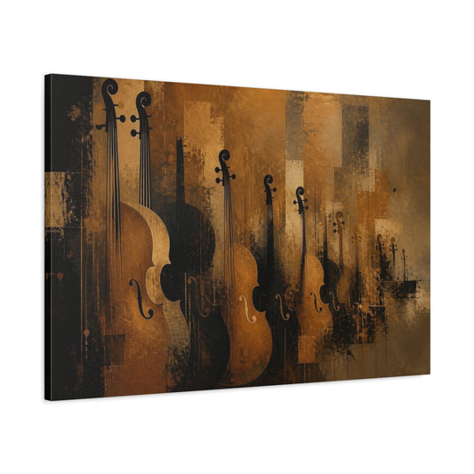 Main Mockup. Bronze Cello Ensemble shown as canvas print