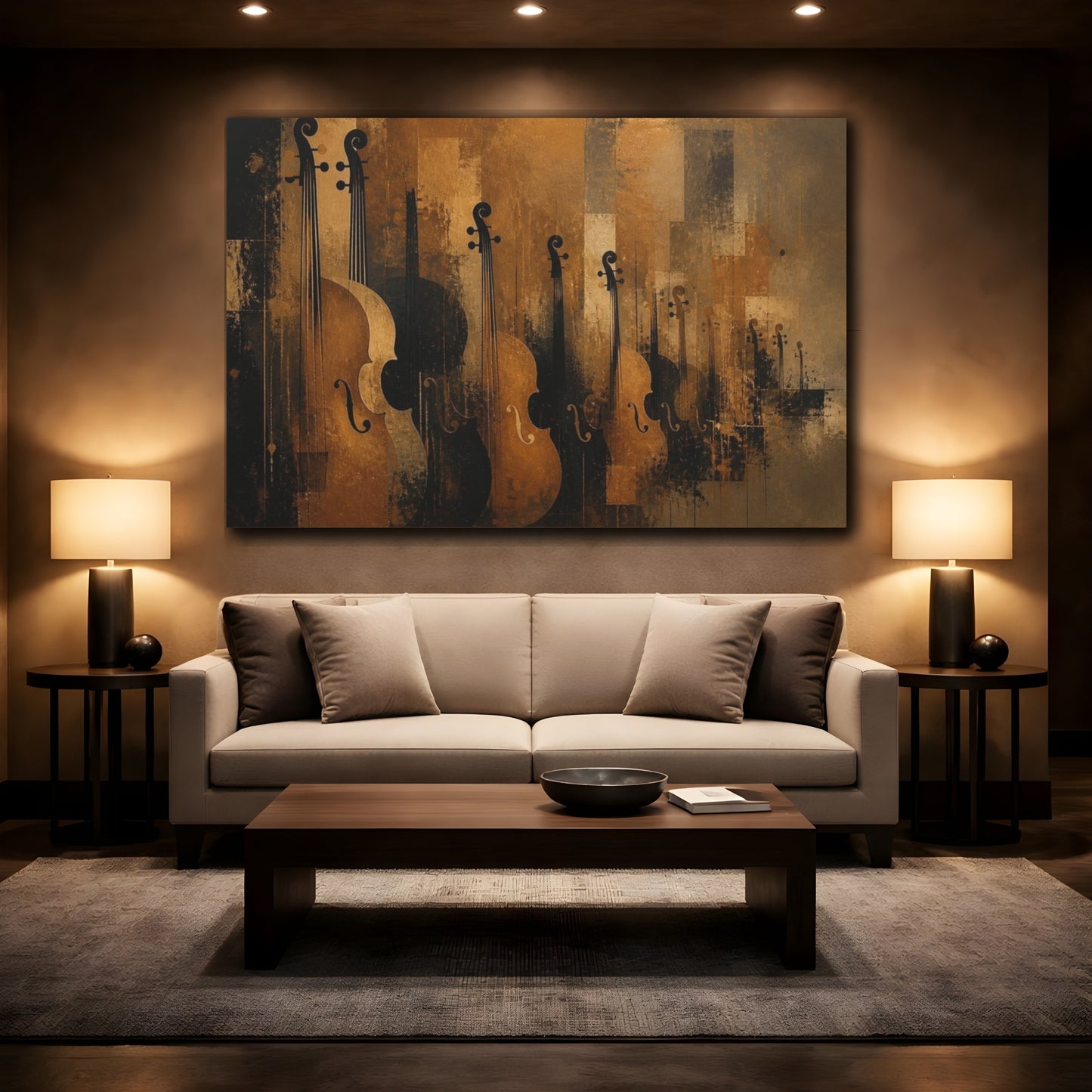 Mockup 2. Bronze Cello Ensemble shown as canvas print