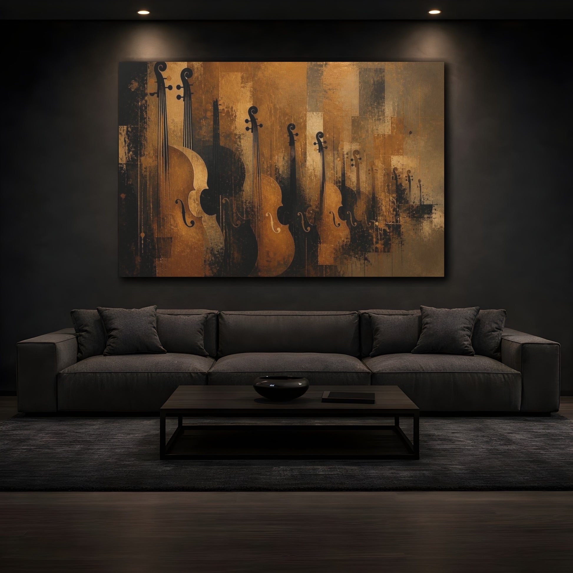 Mockup 3. Bronze Cello Ensemble shown as canvas print