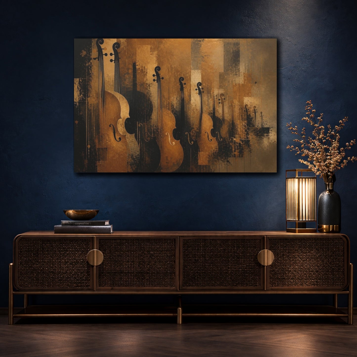 Mockup 4. Bronze Cello Ensemble shown as canvas print