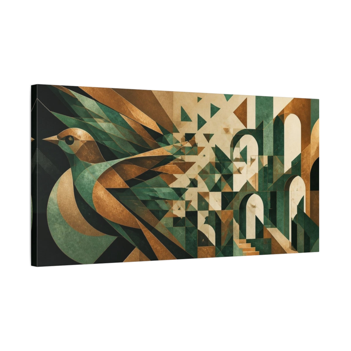 Side Mockup 1. Bronze Jade Geometric Bird shown as canvas print