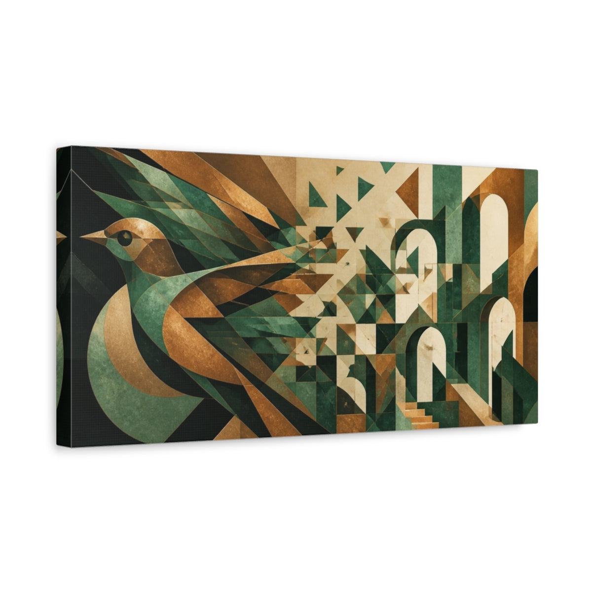 Side Mockup 3. Bronze Jade Geometric Bird shown as canvas print