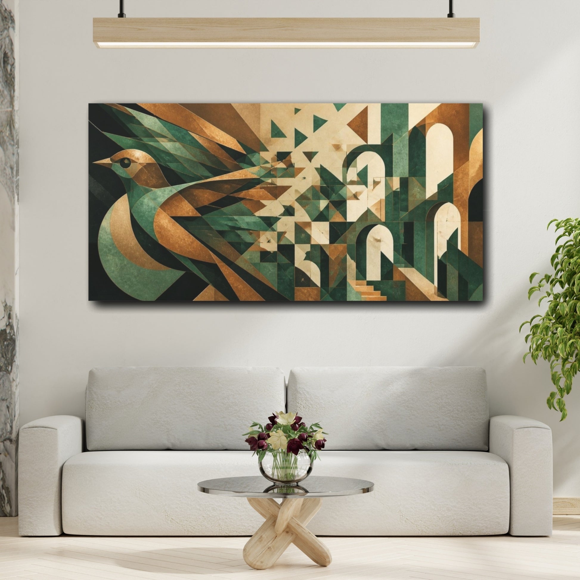 Mockup 2. Bronze Jade Geometric Bird shown as canvas print