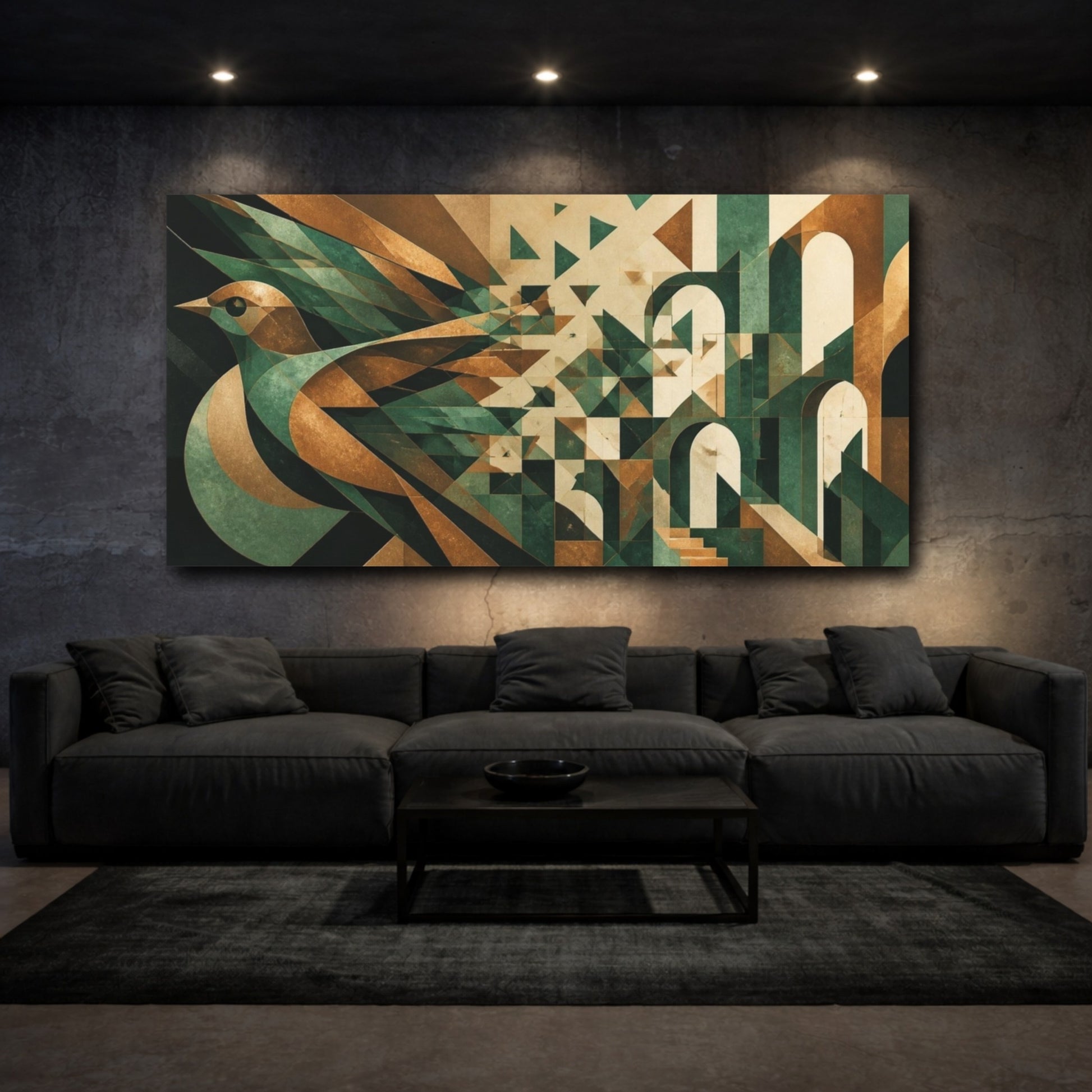 Mockup 3. Bronze Jade Geometric Bird shown as canvas print