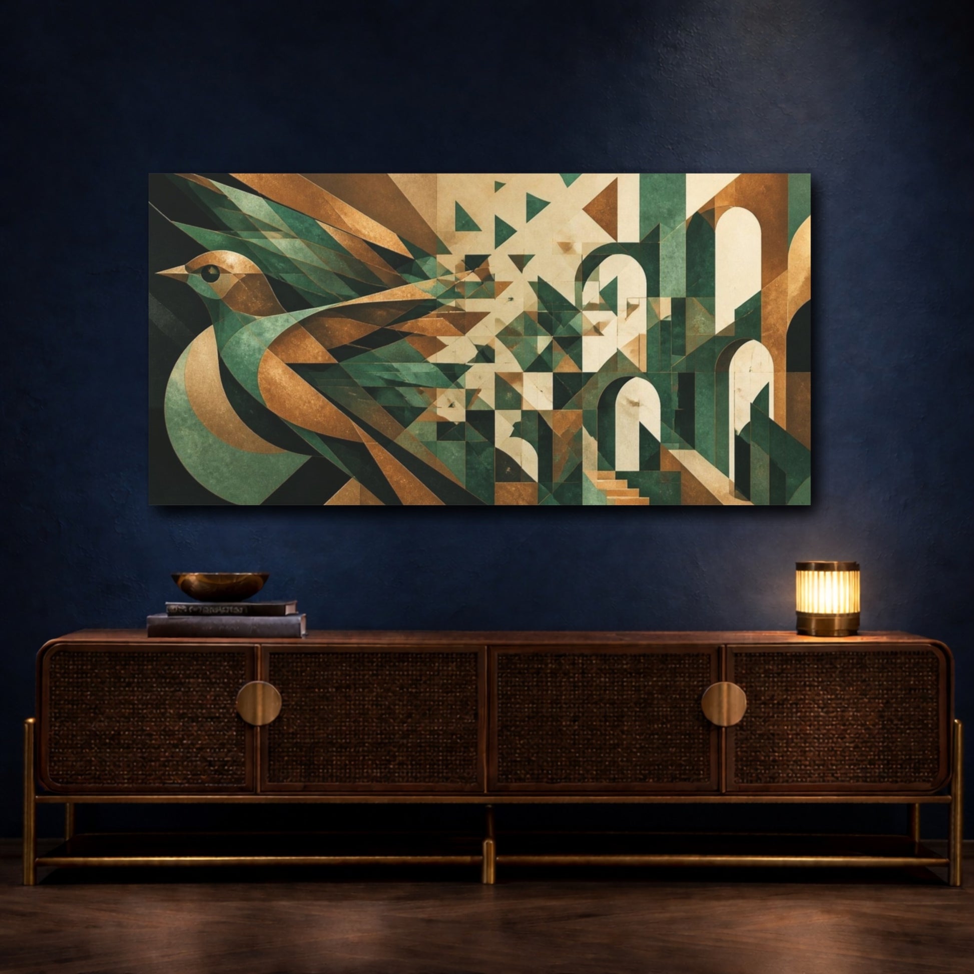 Mockup 4. Bronze Jade Geometric Bird shown as canvas print