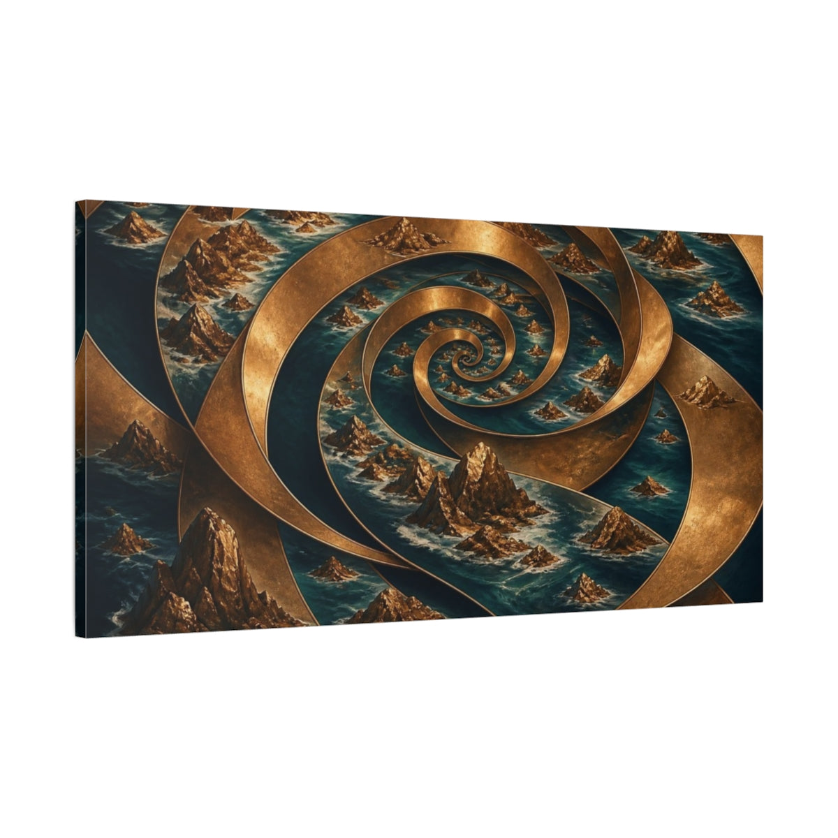 Main Mockup. Bronze Spiral Archipelago shown as canvas print