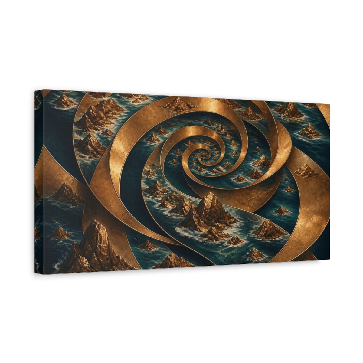 Side Mockup 3. Bronze Spiral Archipelago shown as canvas print