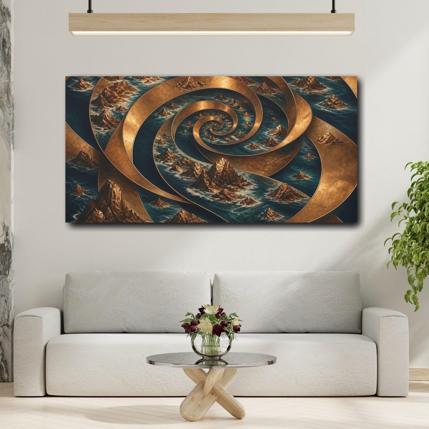 Mockup 2. Bronze Spiral Archipelago shown as canvas print