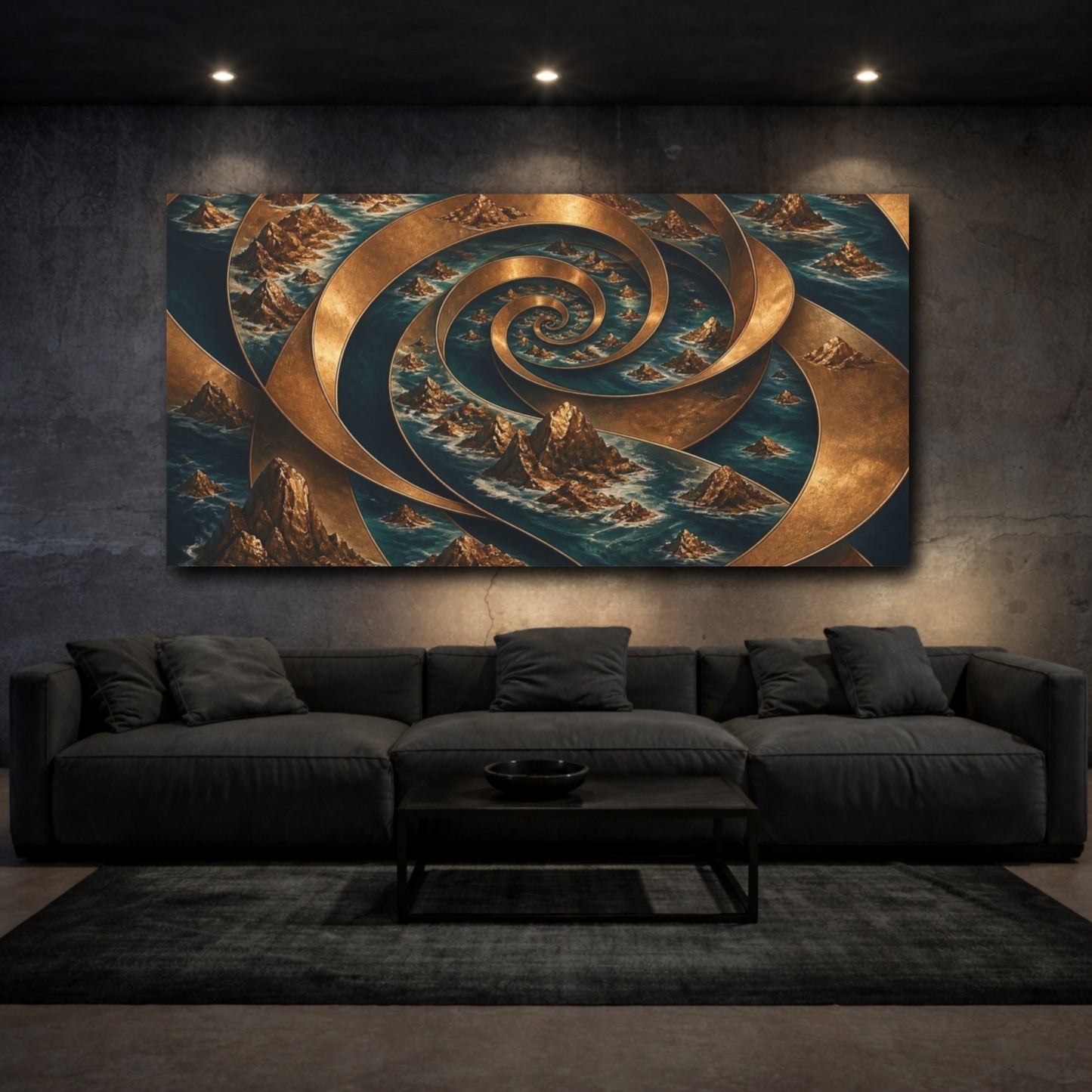 Mockup 3. Bronze Spiral Archipelago shown as canvas print