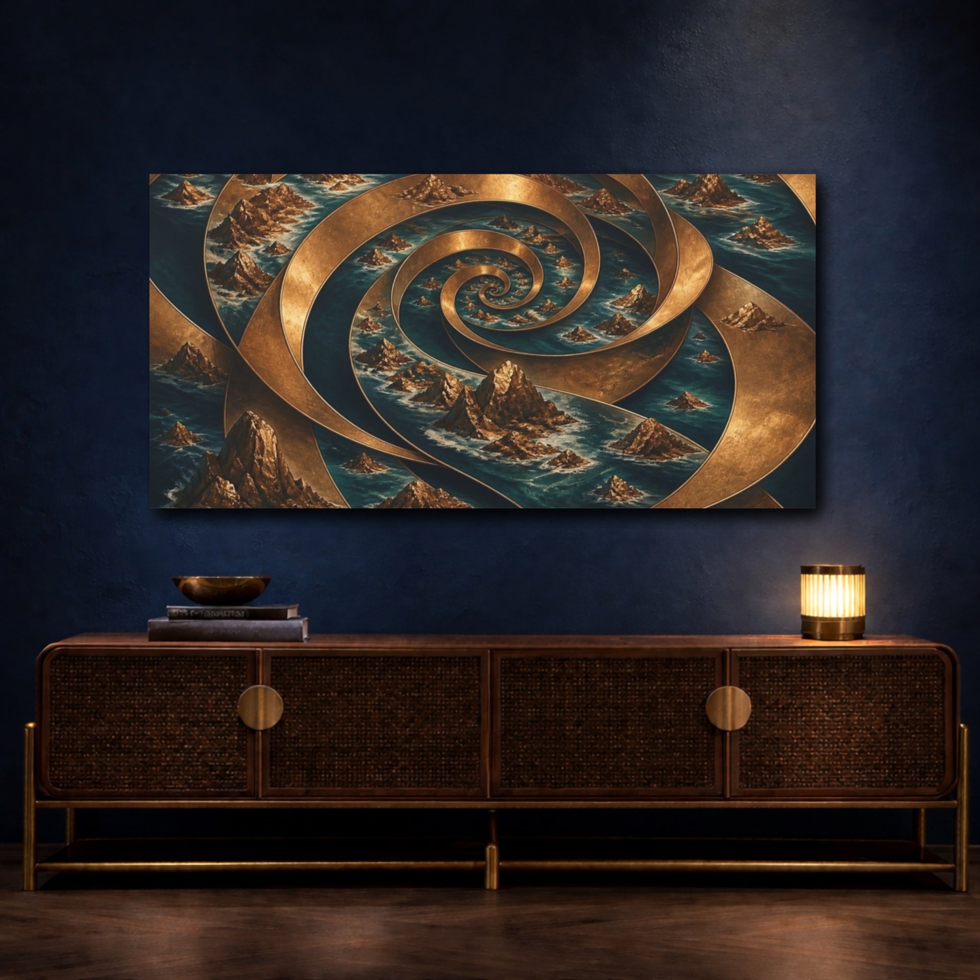 Mockup 4. Bronze Spiral Archipelago shown as canvas print